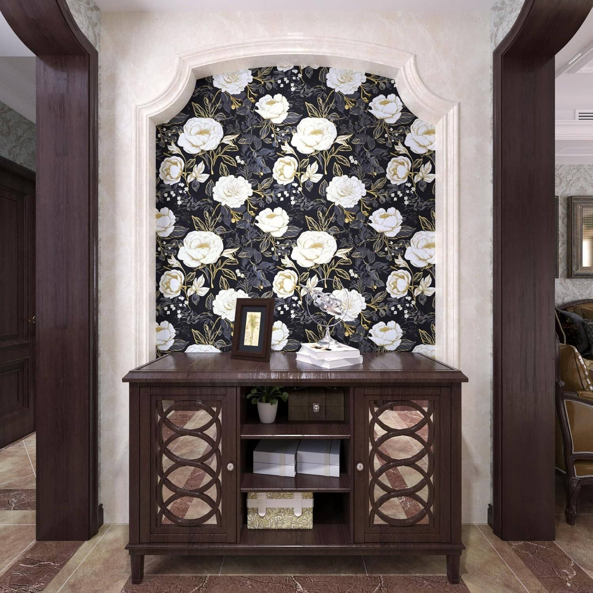 Peel-and-stick floral wallpaper on vanity backboard: white roses with gold leaves, dark blue