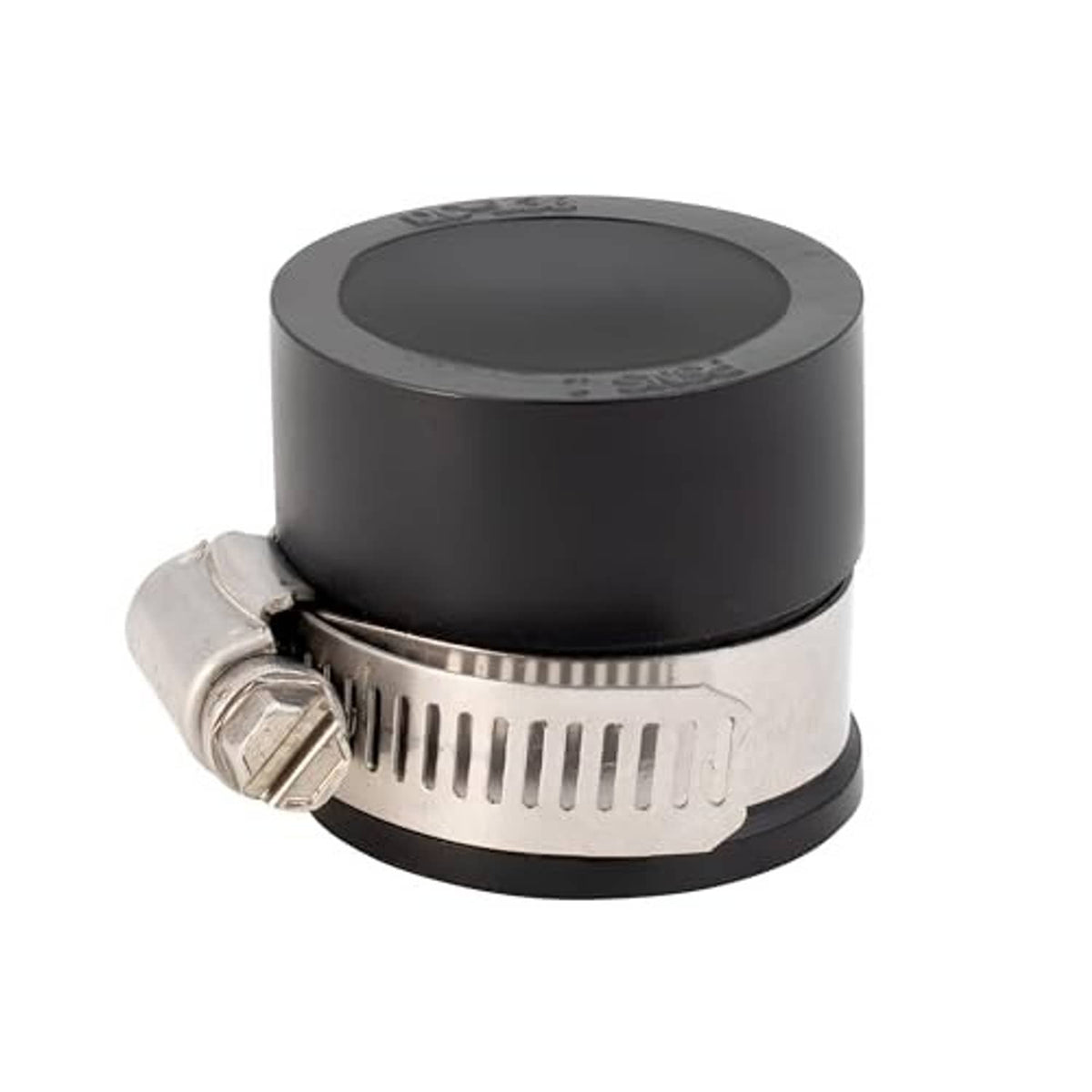 Flexible PVC pipe cap with metal clamp band and black circular top on white background