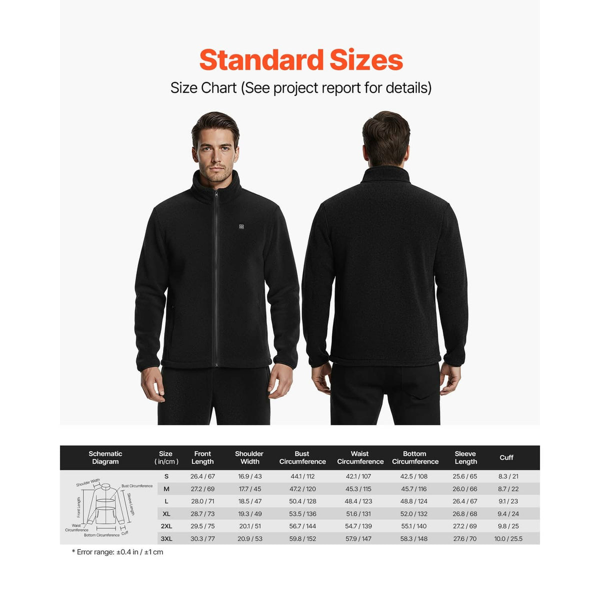 Black heated fleece jacket front and back views with size chart