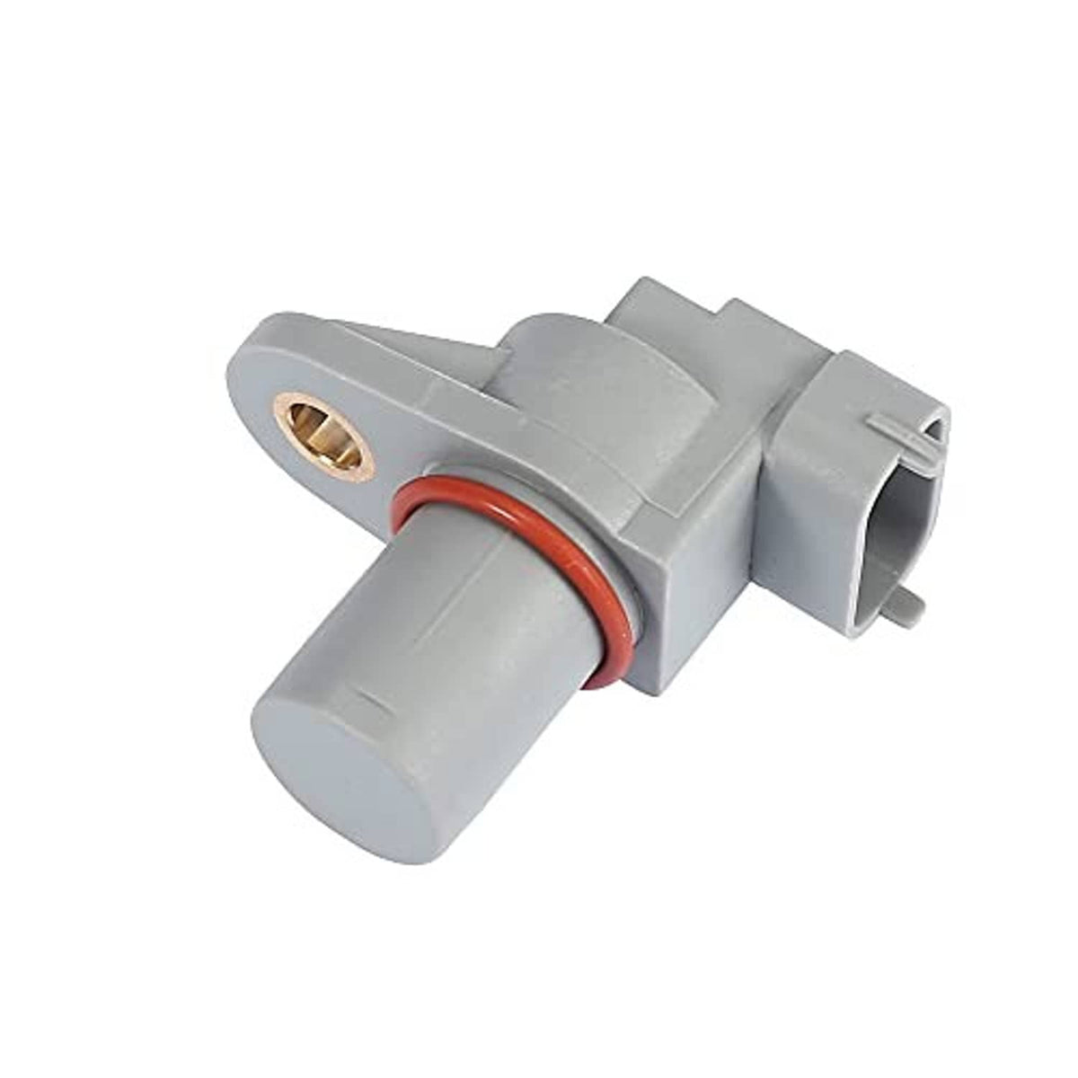 Camshaft position sensor with gray connector block, red seal ring, and gold mounting contact