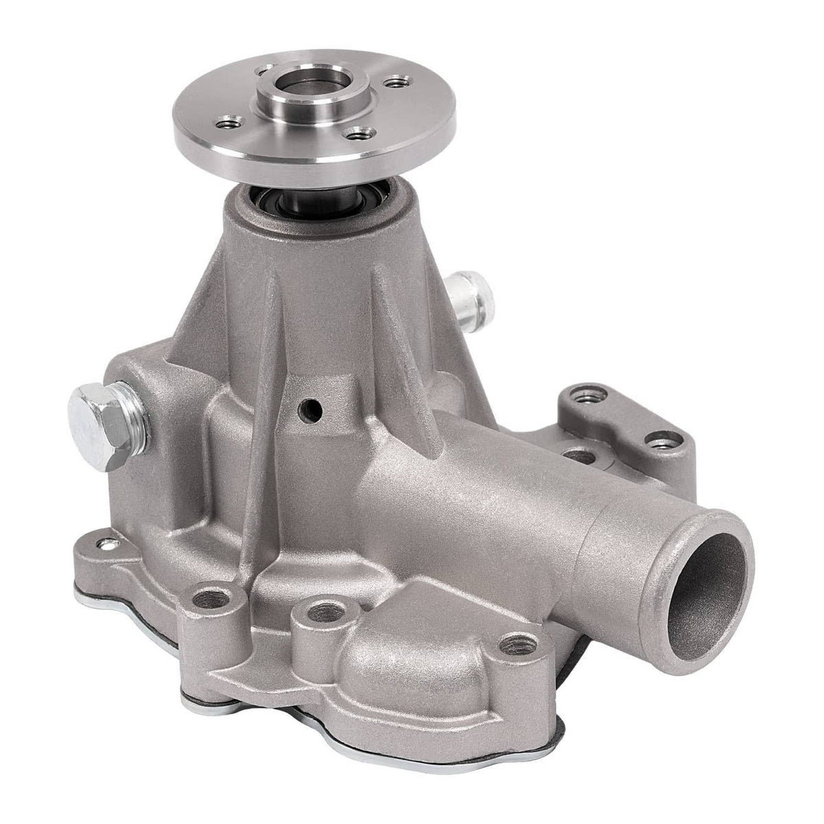 Water pump assembly with pulley hub and side outlet, silver metal finish