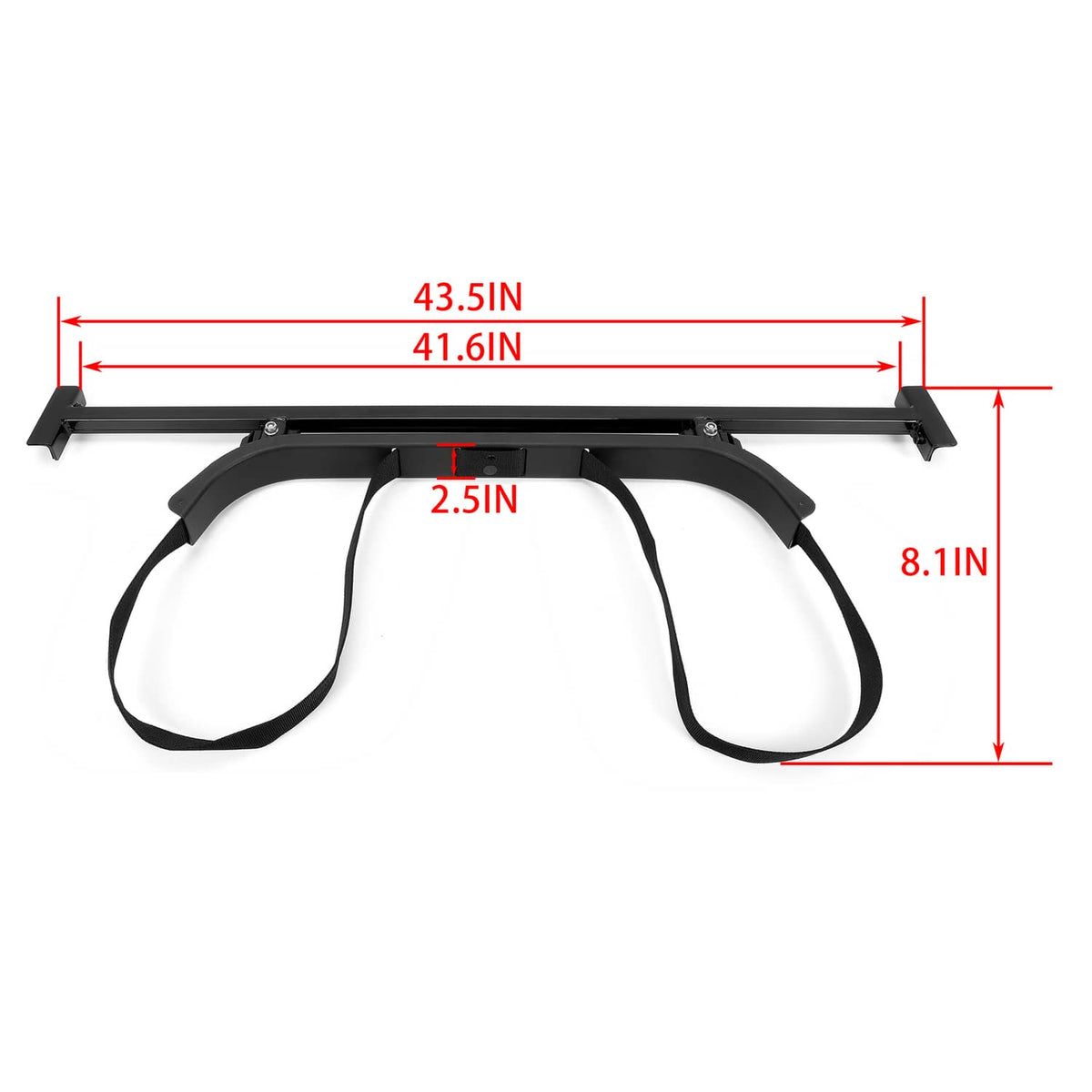 Black metal bag holder bracket with two loop straps, with size measurement view
