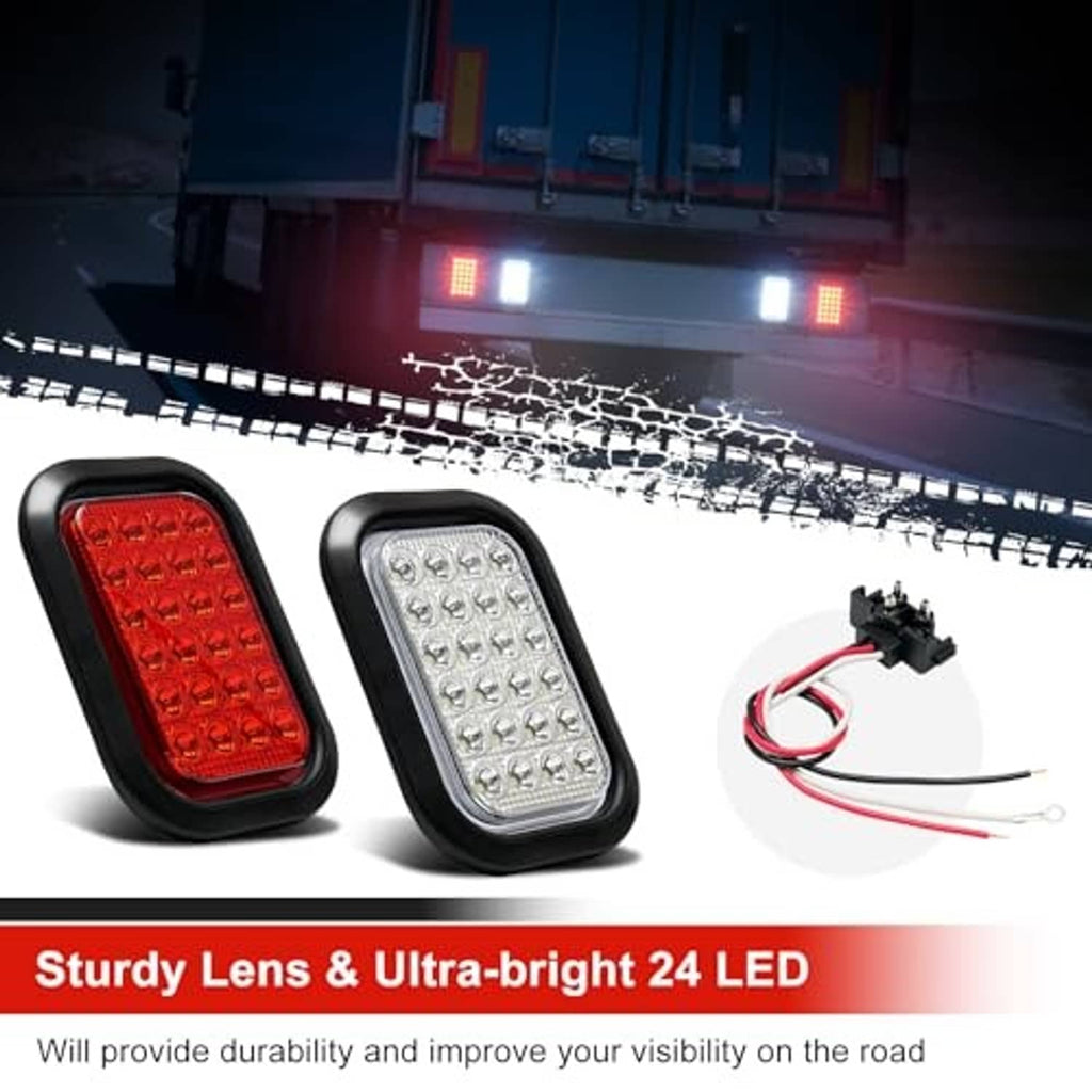 Red and white LED rectangular trailer light set with wiring and black mounting housing