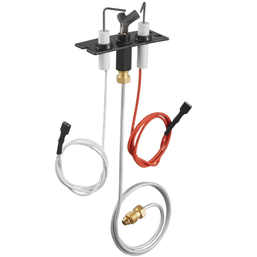 Gas pilot ignition assembly with black bracket, white cables, and brass gas fitting