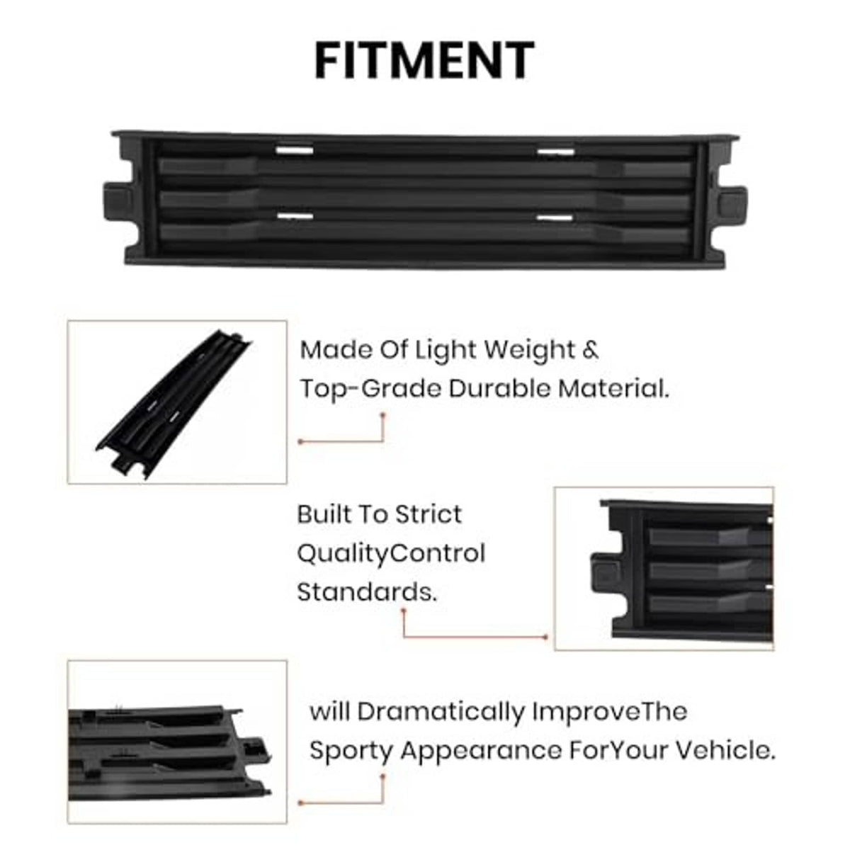 Black front bumper grille trim insert with horizontal slats, durable replacement