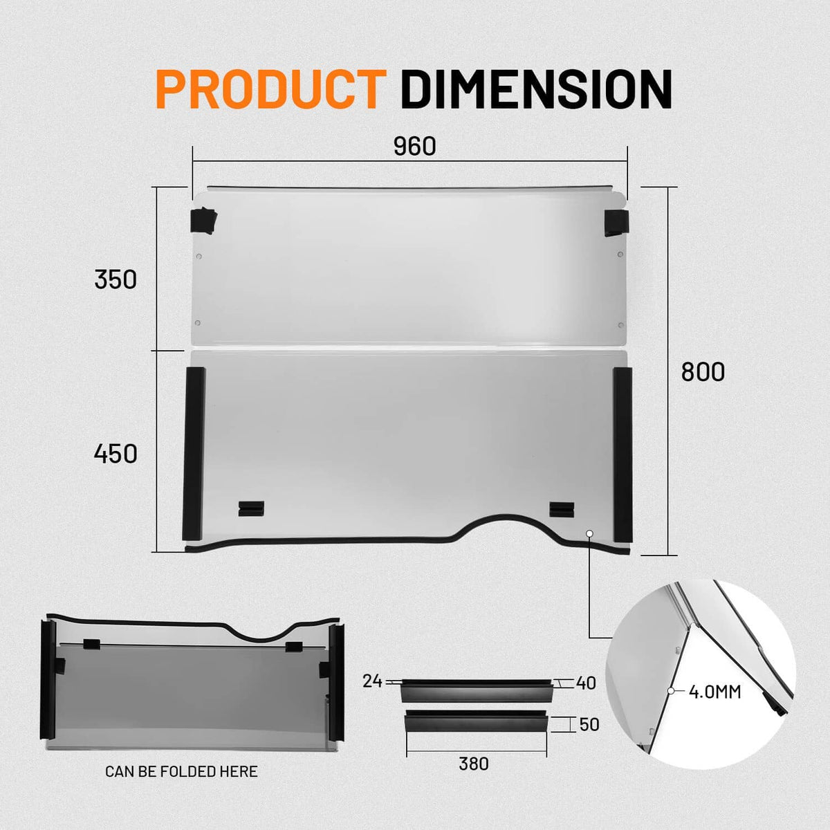 Folded golf cart windshield screen dimension diagram with mounting corners