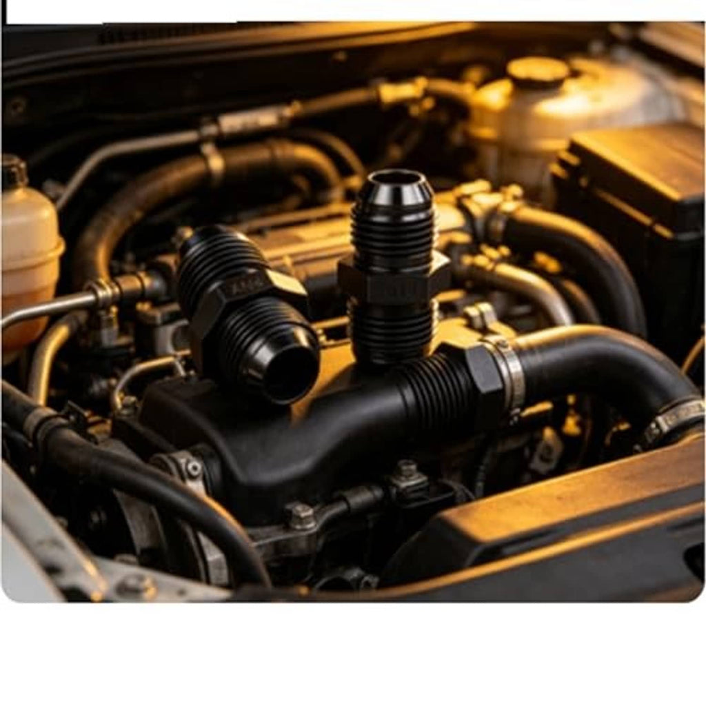 Black AN flare fuel hose fittings connected to rubber hoses in an engine bay