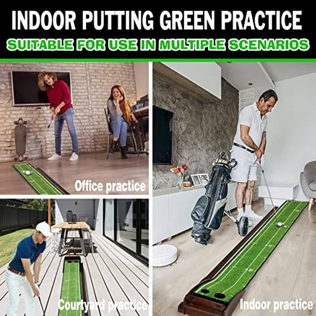 Olive-green indoor putting practice mat with cup holes and return track shown in rooms