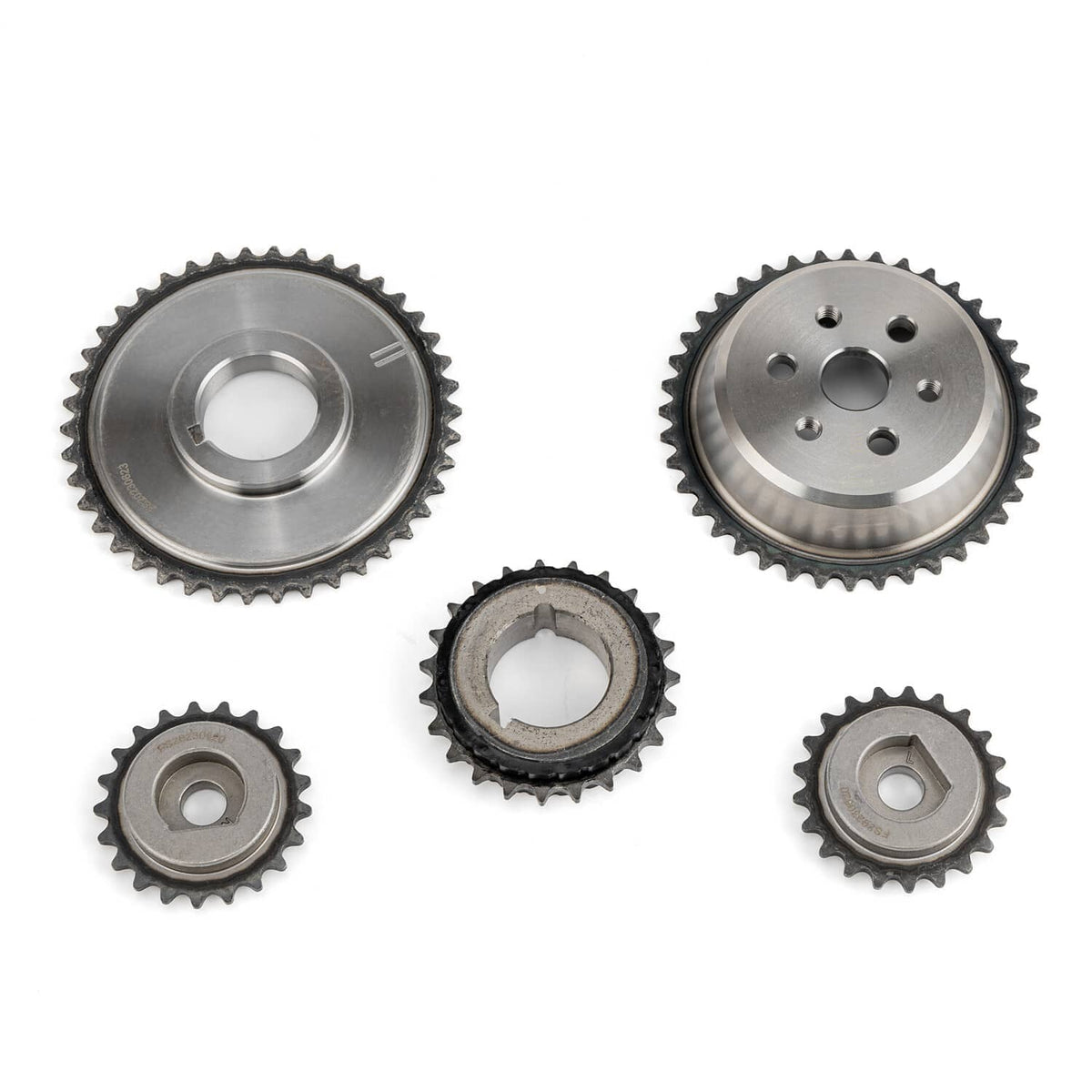 Timing sprockets and gears set, including chain wheels and smaller idler gears