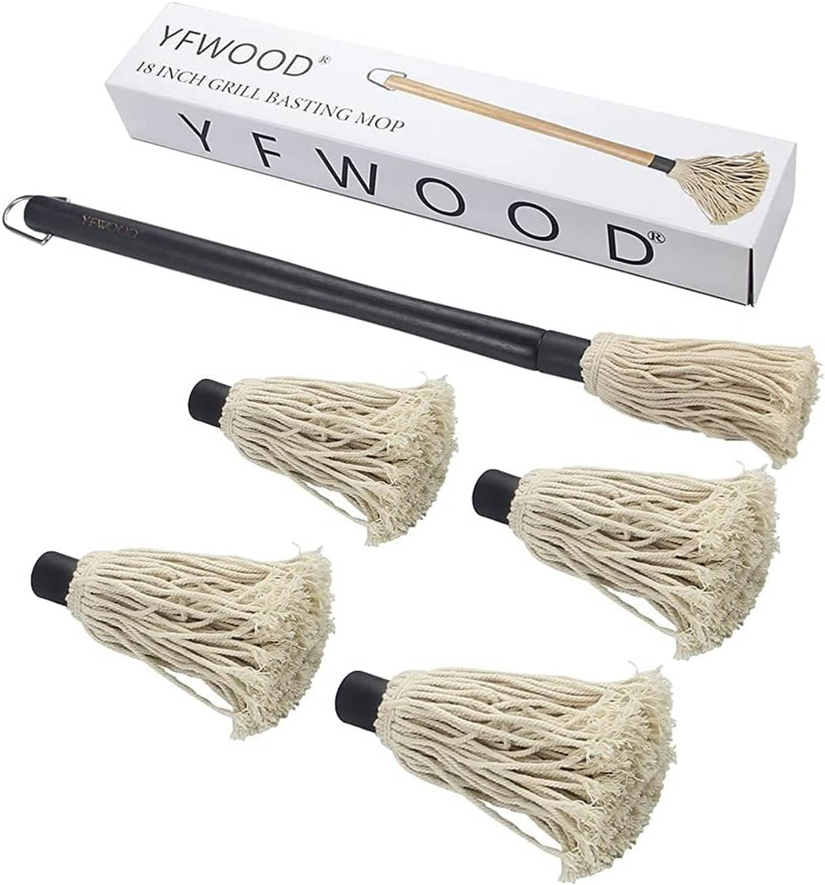 Grill basting mop set with black handle and multiple cream tassel brush heads in box