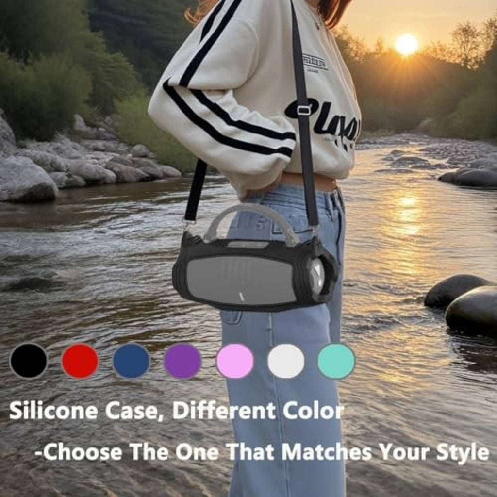 Teal silicone speaker case worn with a shoulder strap