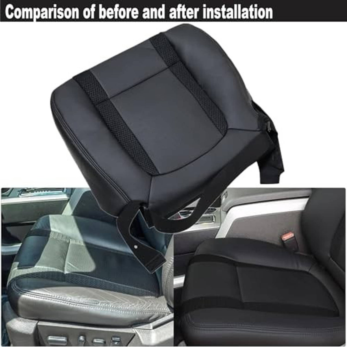 Black perforated front seat bottom replacement cover with stitched center section