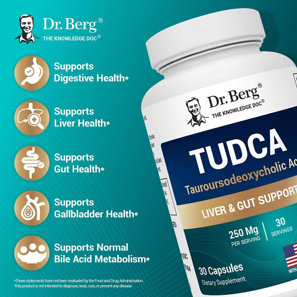Dr. Berg TUDCA supplement bottle labeled for liver, gut, gallbladder support, 30 capsules