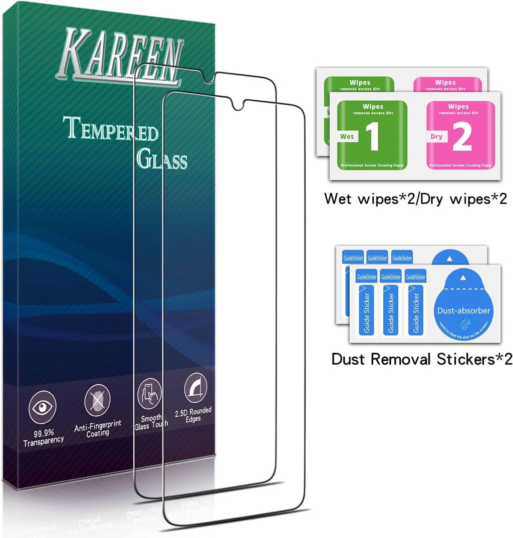 KAREEN tempered glass screen protector set with included wipes and dust-remover stickers