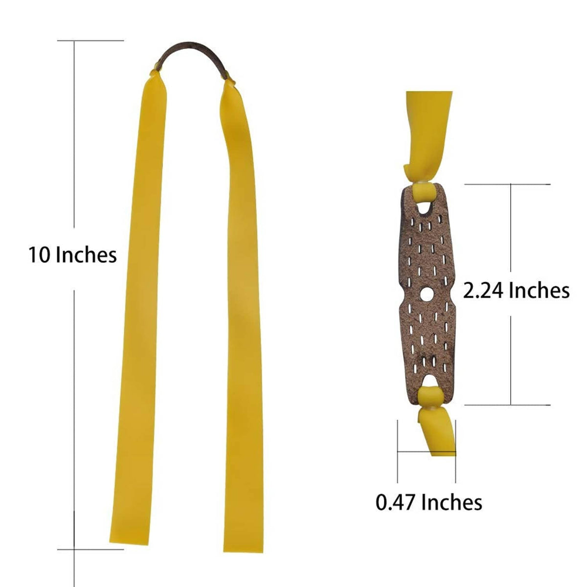 Yellow flat slingshot rubber bands shown with size measurement diagram