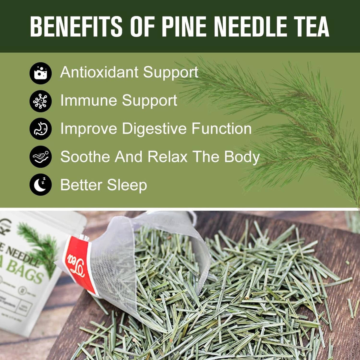 Pine needle tea bags with pine needles scattered on a wooden surface