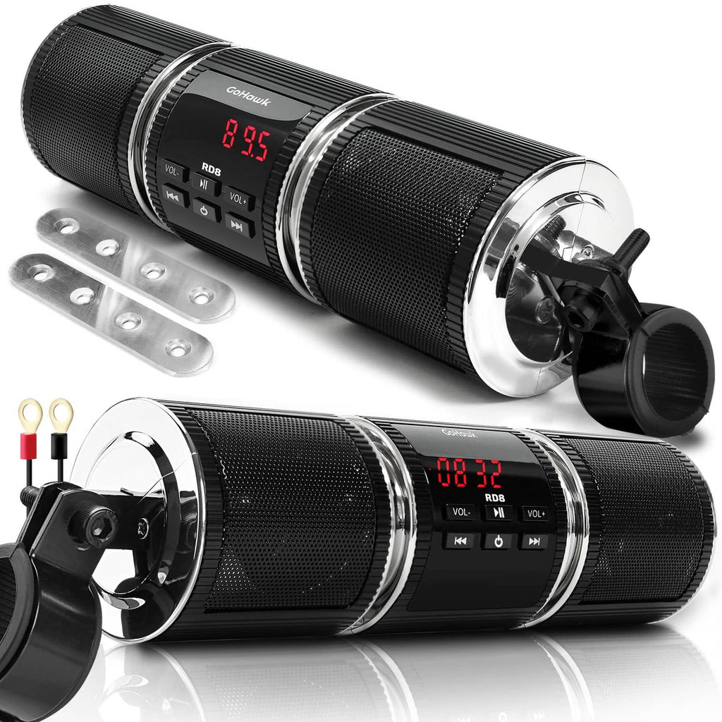 Waterproof Bluetooth motorcycle stereo speaker set with black grille and LED control display
