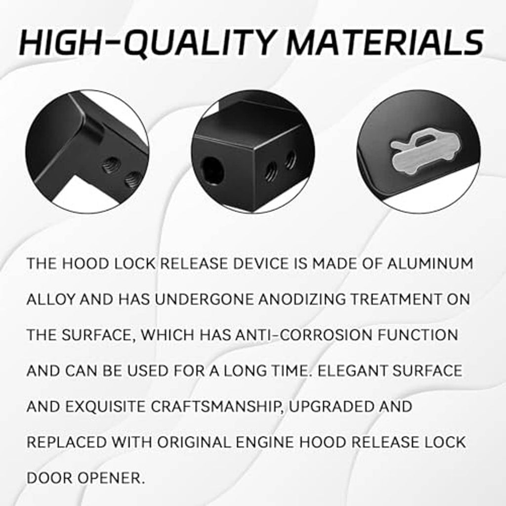 Black hood latch release handle with silver hood-release icon, corner detail