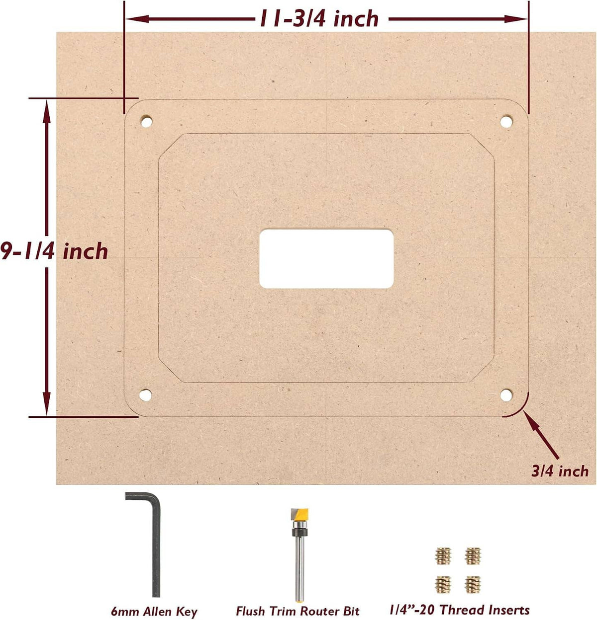 MDF router table insert plate template with 9-1/4 in by 11-3/4 in size markings