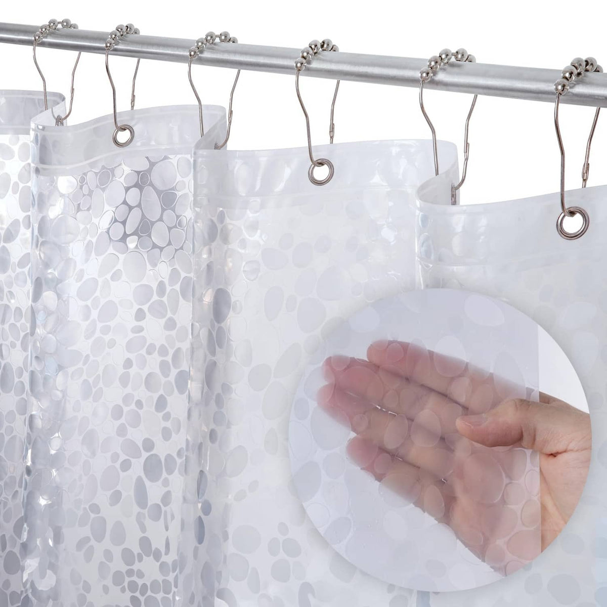 LiBa clear PEVA shower curtain with pebble pattern and metal grommet hooks