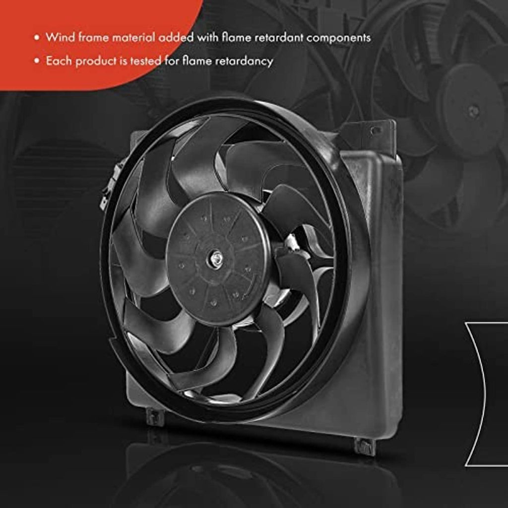Radiator cooling fan assembly close-up with black fan blades and front shroud