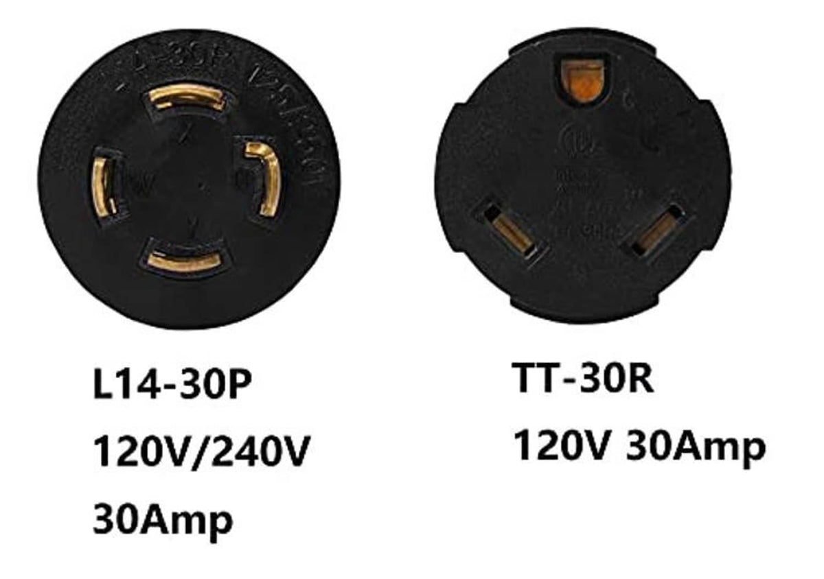 Twist-lock adapter: L14-30P 120V/240V 30A to TT-30R 120V 30A.
