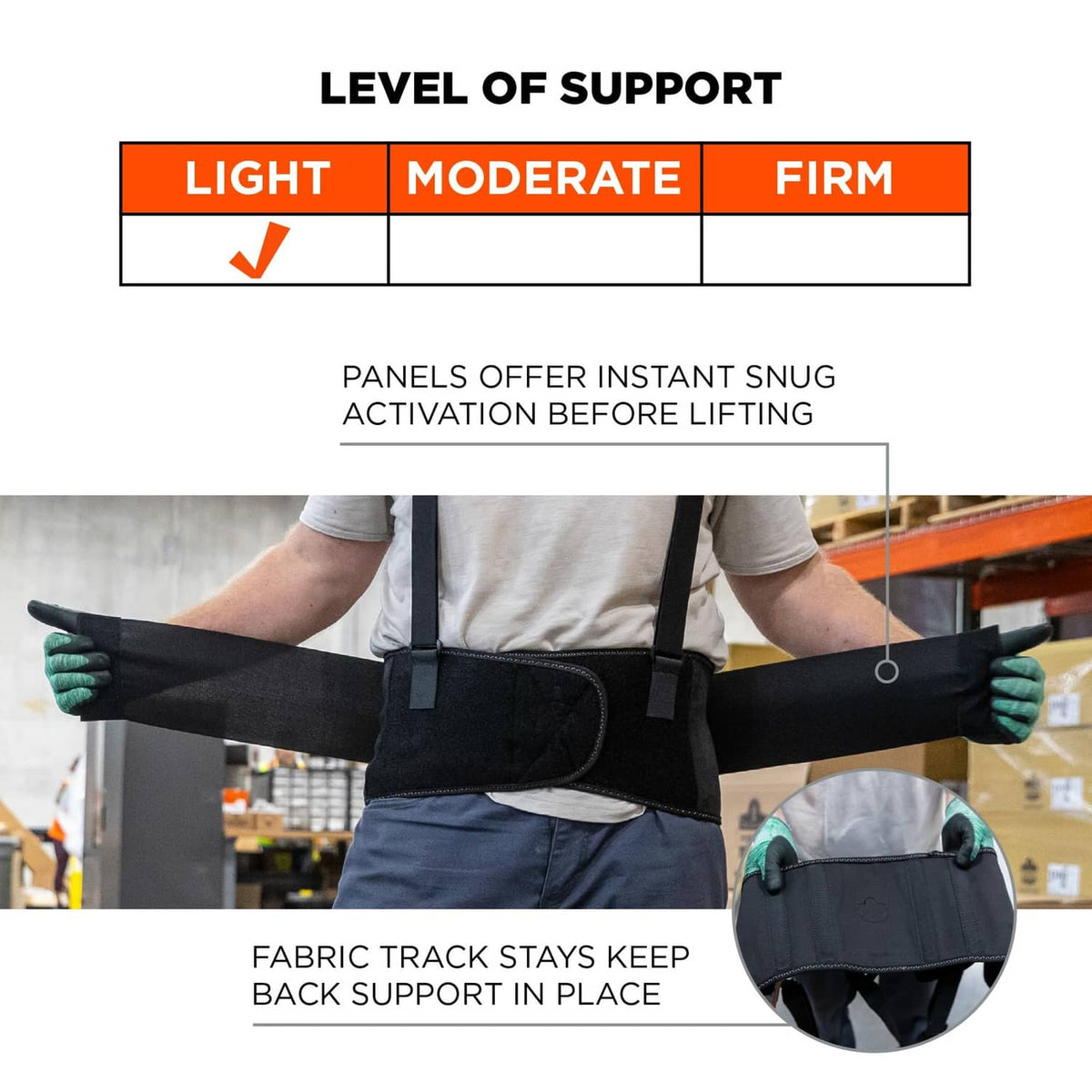 Black lumbar support belt with wide wrap and contoured front support panel