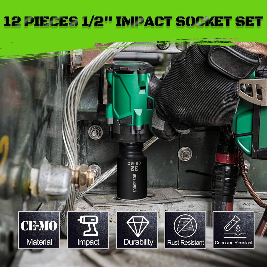 Black 1/2 in deep impact socket on an impact tool, ready for use.