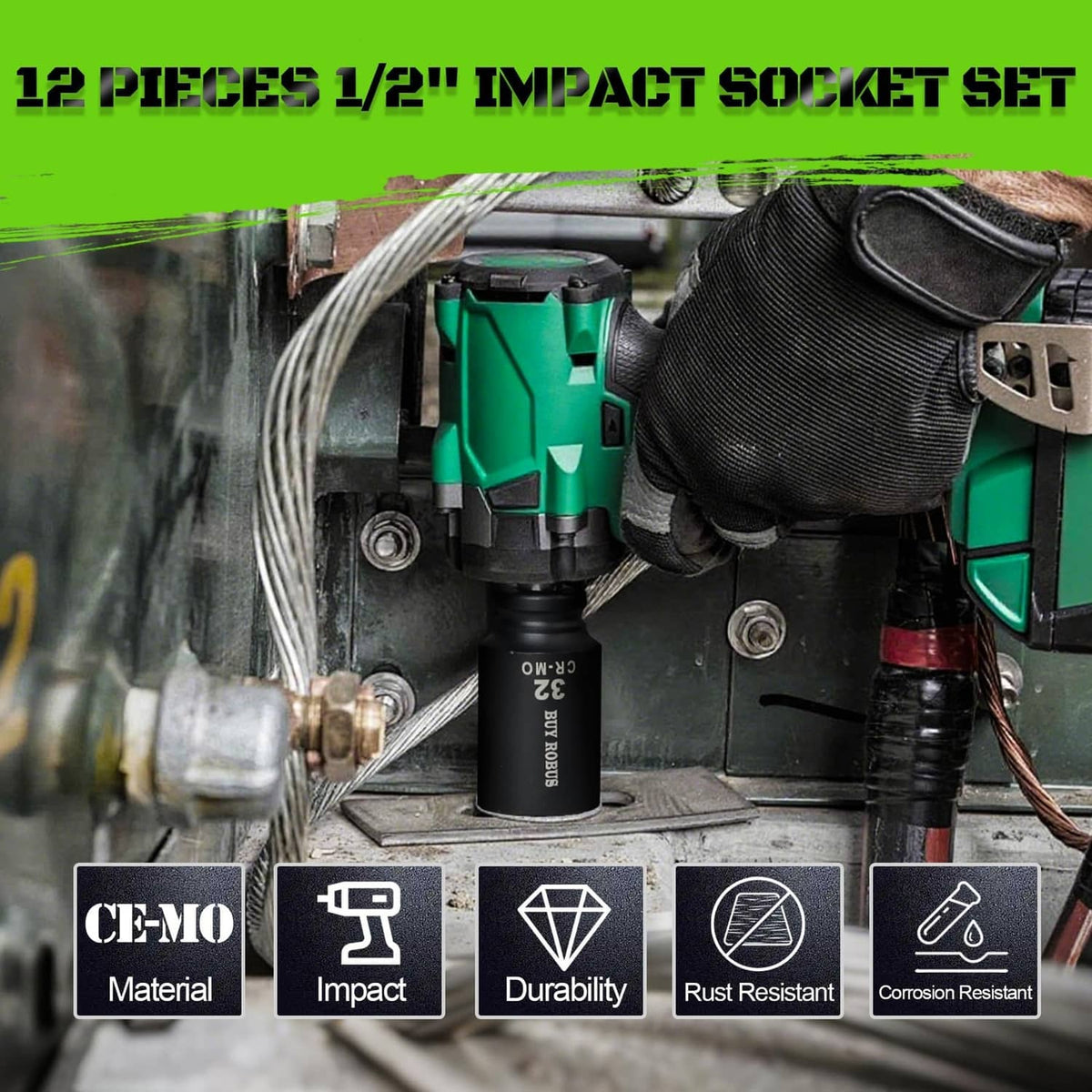 Black 1/2 in deep impact socket on an impact tool, ready for use.
