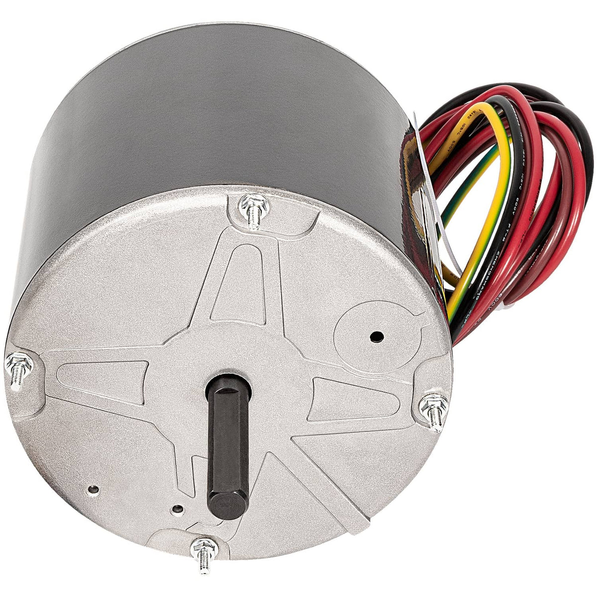 Condenser fan motor front end plate with central shaft opening and screws