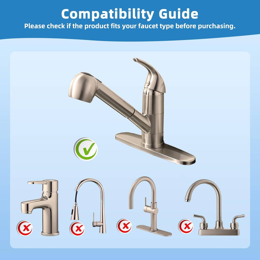 Pull-out sink sprayer head replacement mounted on a faucet with brushed nickel nozzle