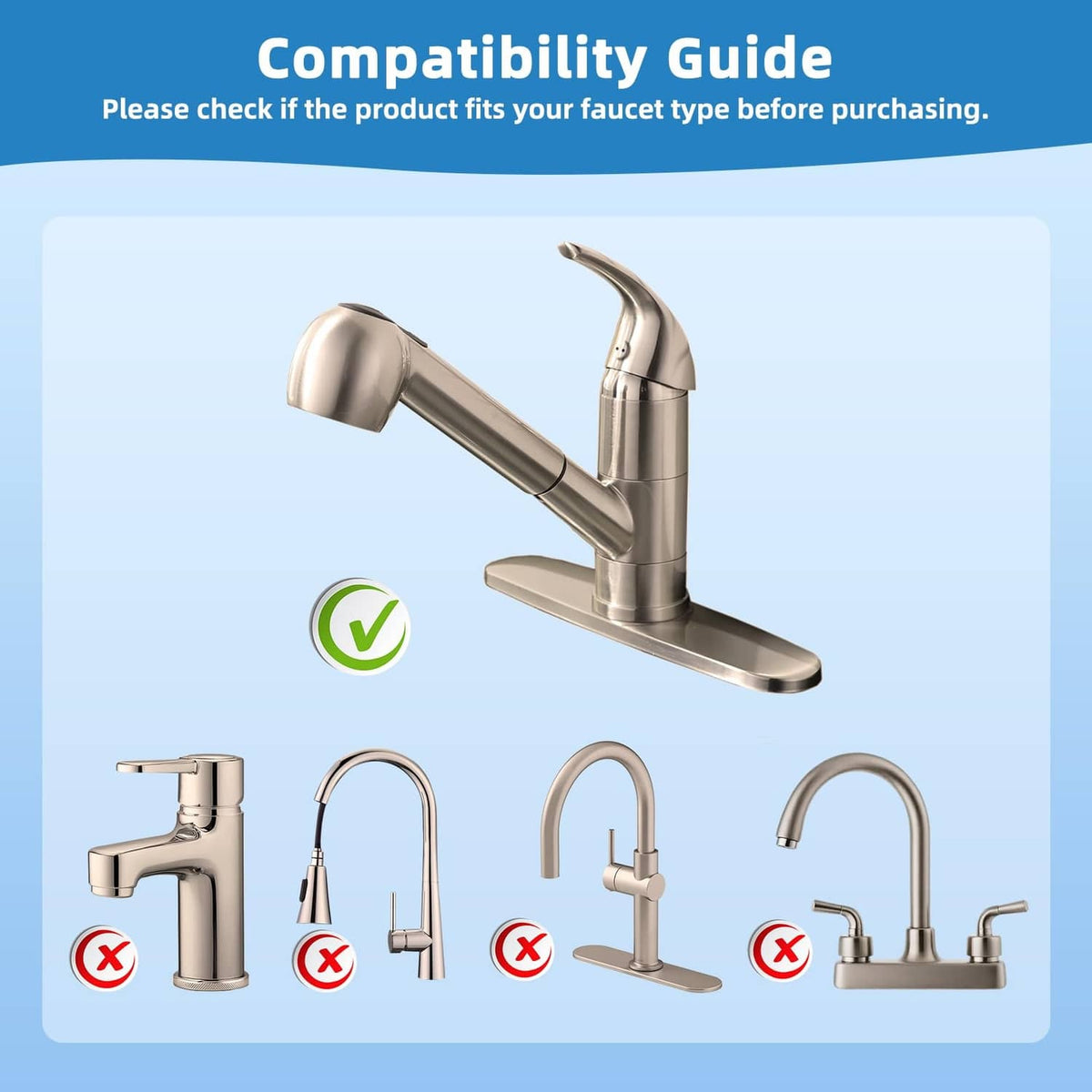Pull-out sink sprayer head replacement mounted on a faucet with brushed nickel nozzle