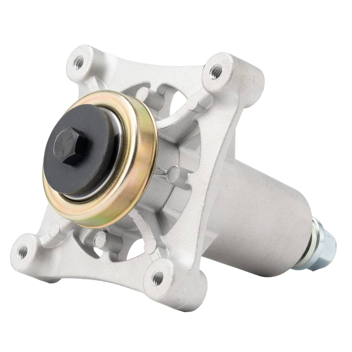 Metal spindle assembly with belt pulley hub and black rubber cap