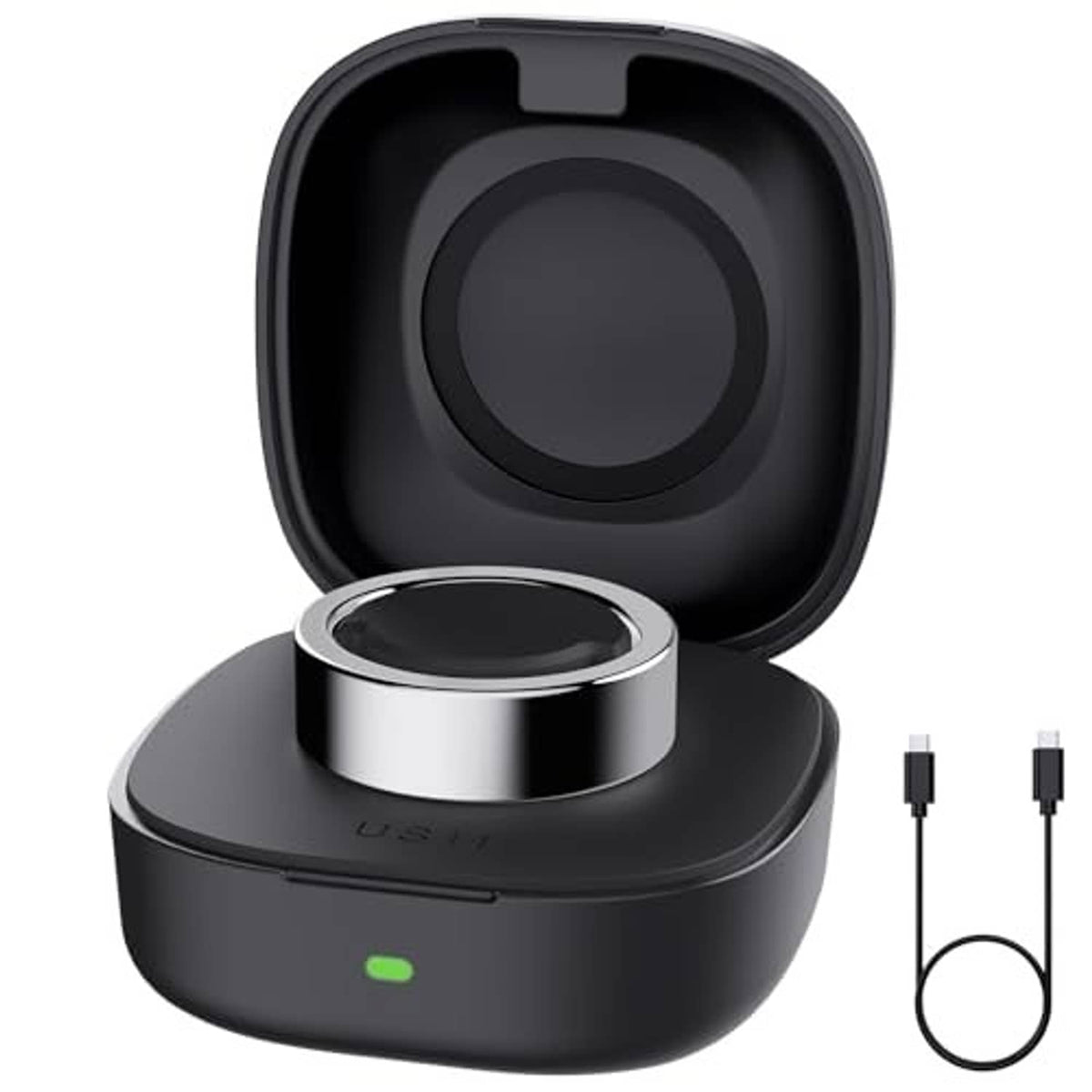 Black wireless smart ring charger case with raised metallic ring dock and cable