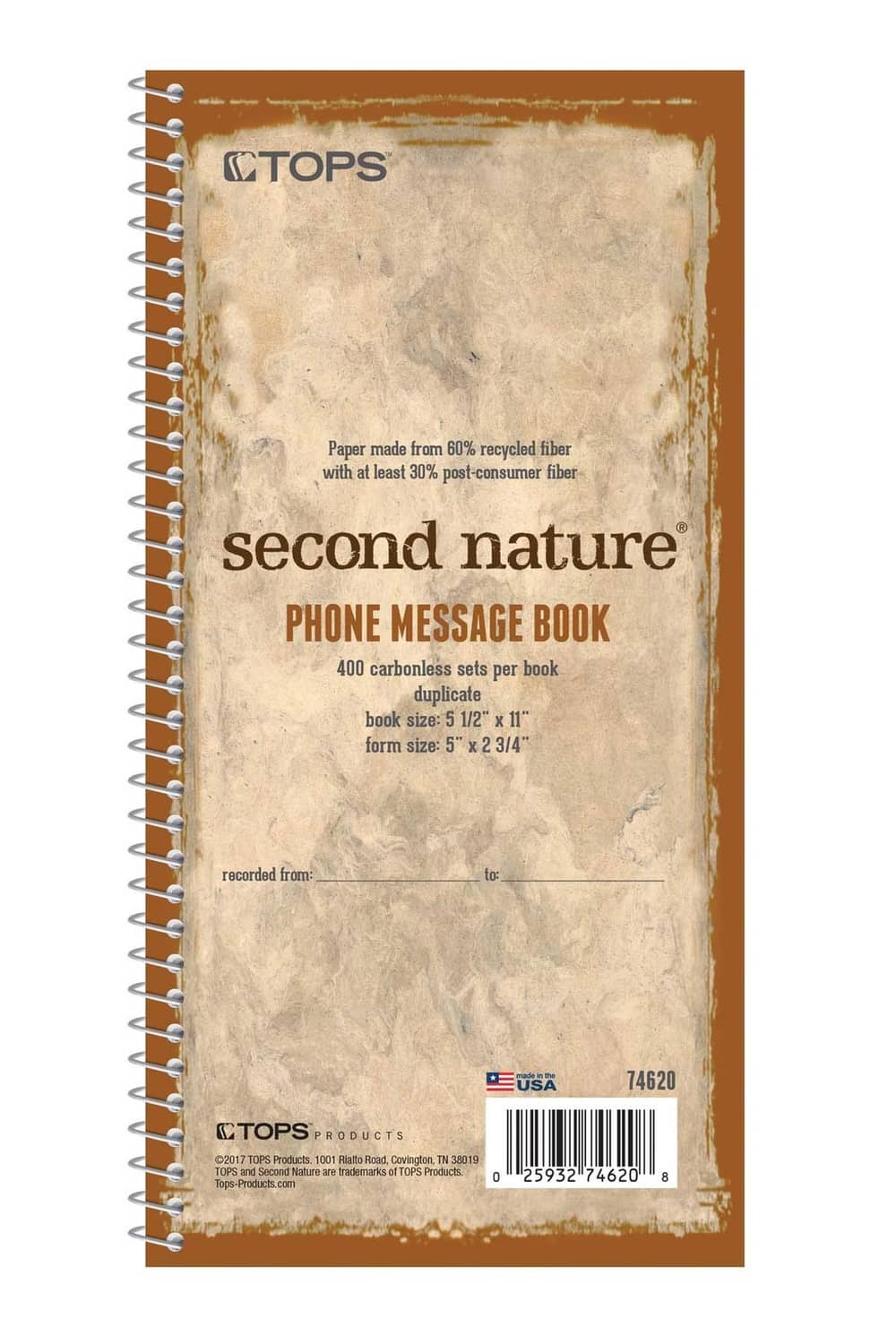 Spiral-bound phone message book, carbonless 2-part forms, 2 3/4 x 5