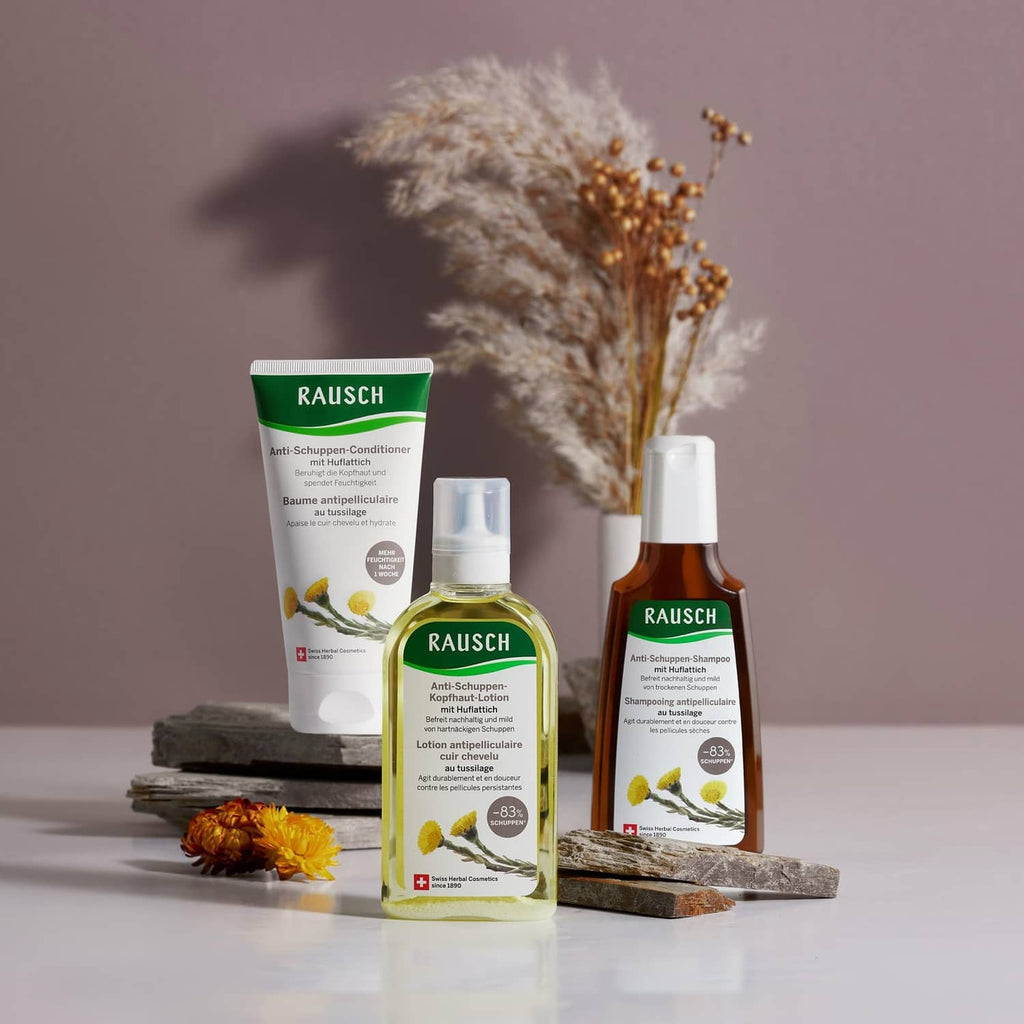 RAUSCH anti-dandruff shampoo product set with two bottles and one lotion bottle
