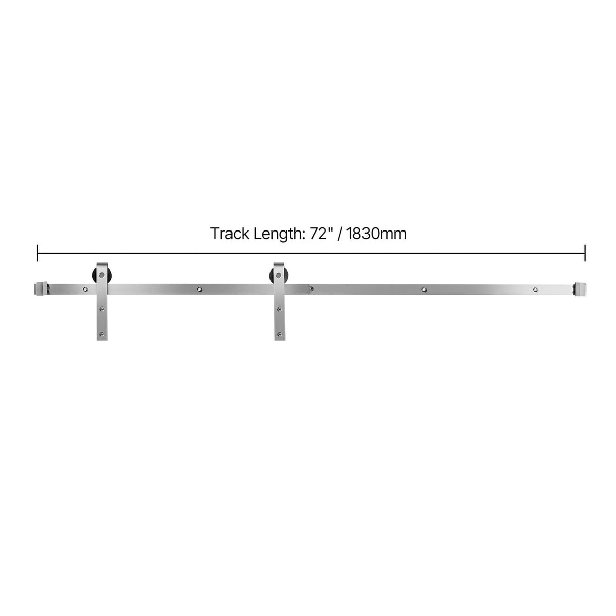 Silver barn door track rail with two mounting bracket plates and roller supports