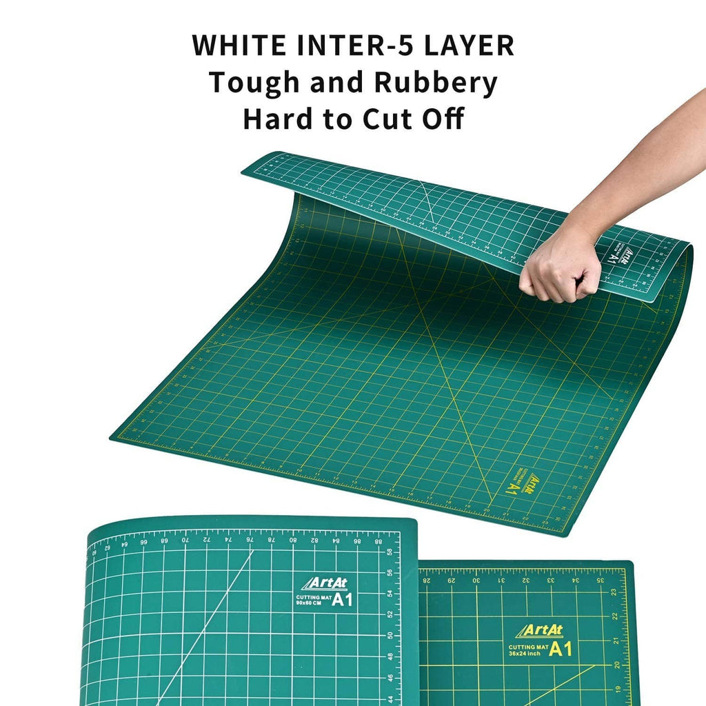 Green self-healing cutting mat with raised corner and printed measurement grid