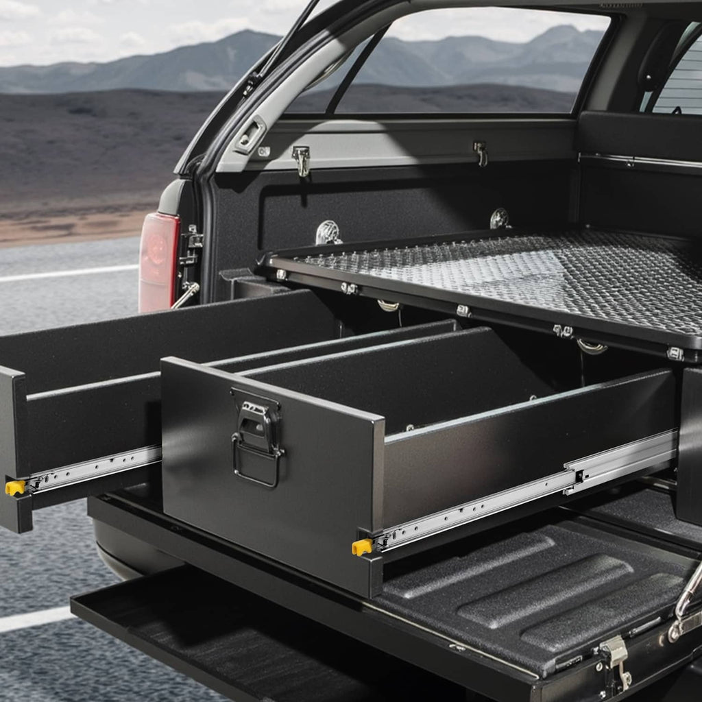 Truck toolbox drawer slide with lock and silver metal runner rails
