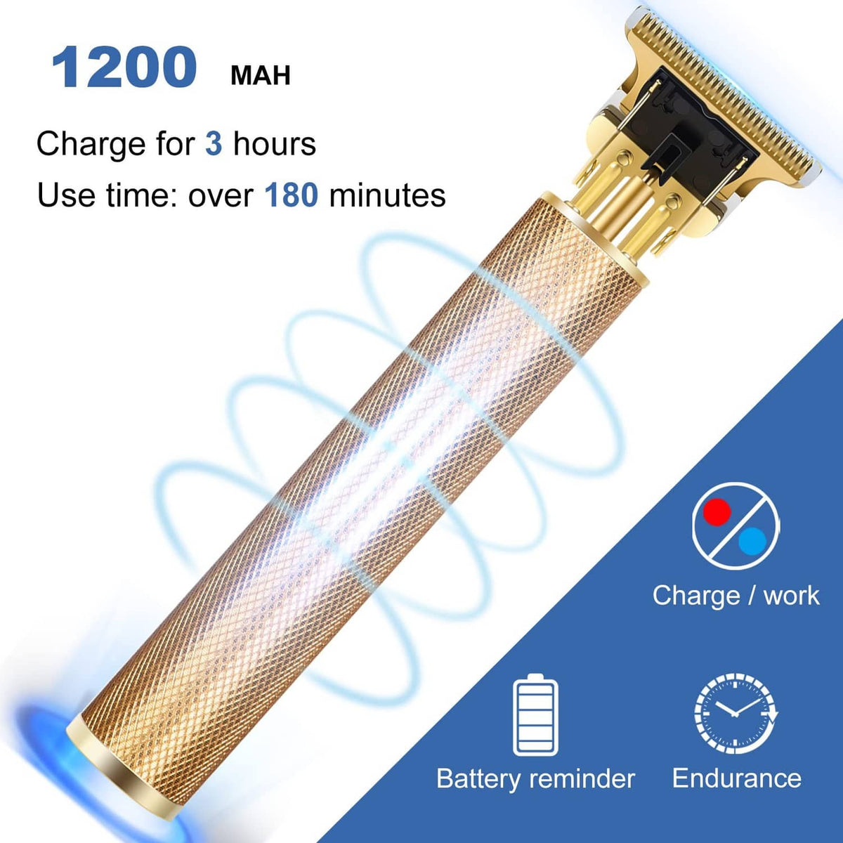 Gold cordless trimmer with 1200mAh battery and charge indicator on the handle.