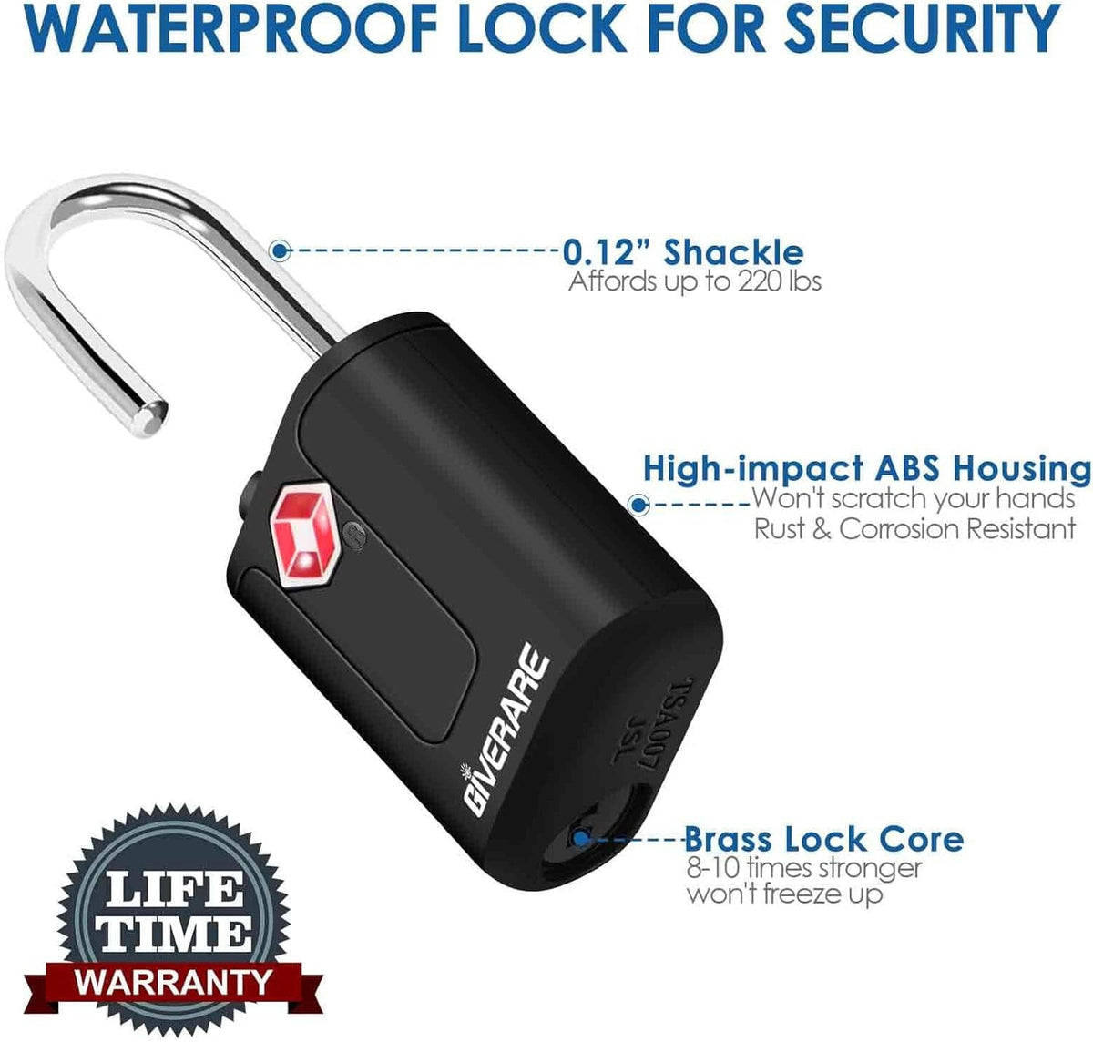 Black GIVERARE padlock with chrome shackle and red logo, shown at an angle