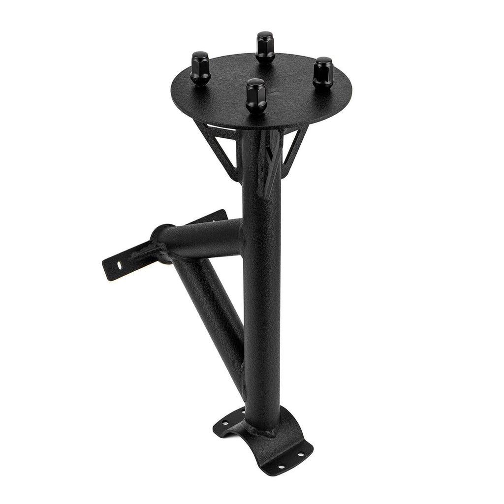 Spare tire carrier mount rack holder with round base plate and four bolts, black finish