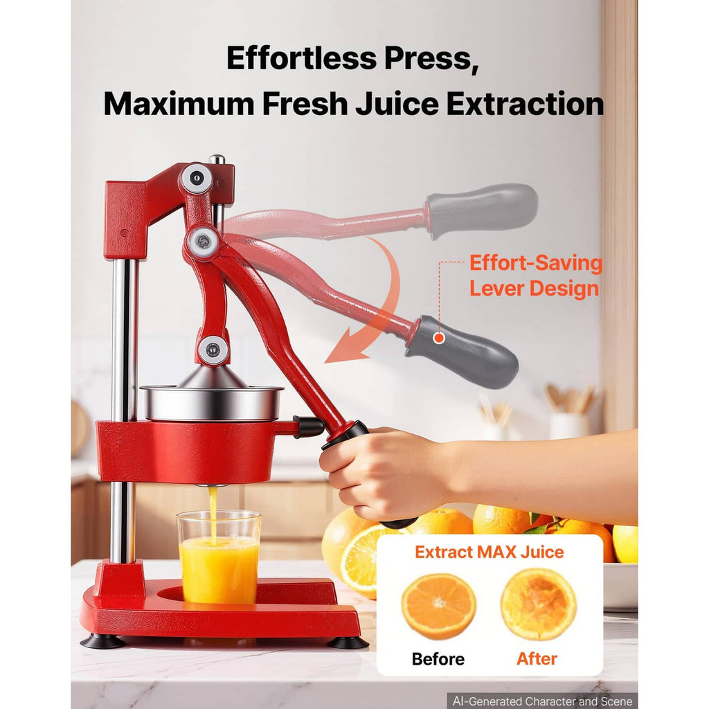 Red manual citrus juicer pressing lever over stainless press cup