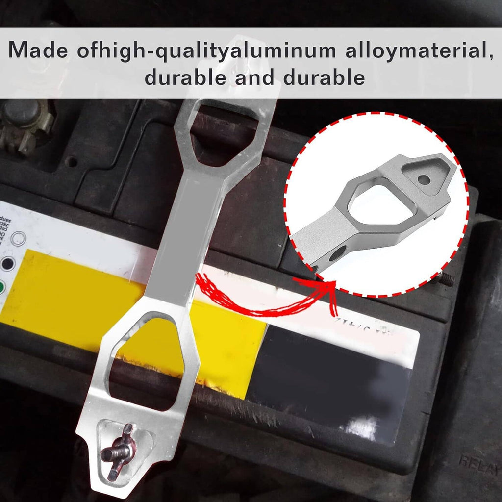 Silver aluminum battery tie-down bracket mounted on a car battery tray with hardware