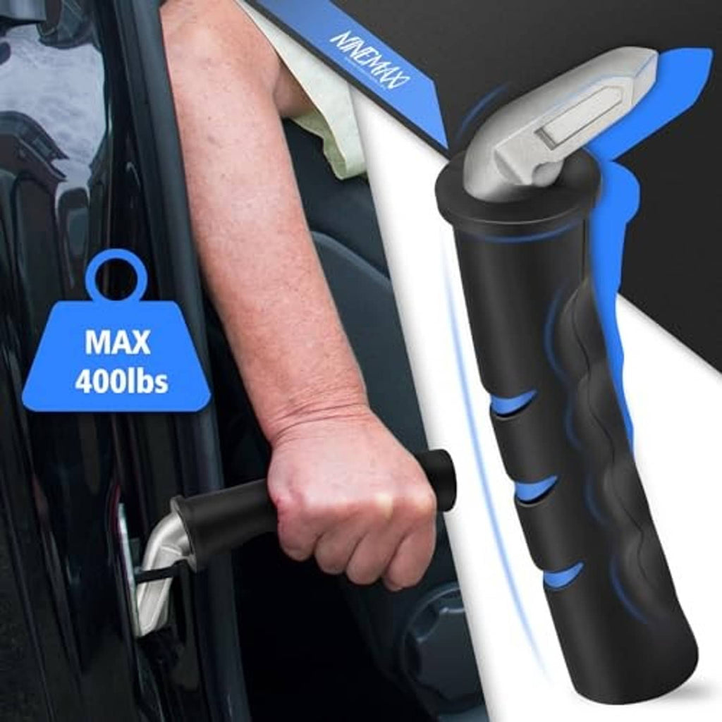 Car door handle assist grip, black rubber with blue trim bands for pulling assistance