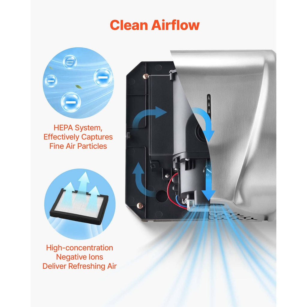 Brushed stainless steel hand dryer with internal airflow components and vent outlet