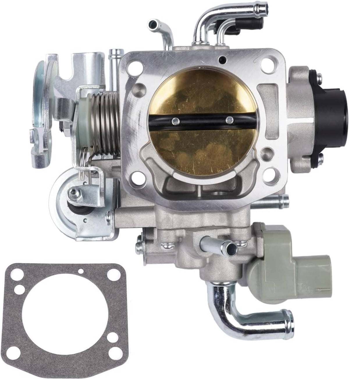 Throttle body assembly with gold intake bore, metal housing, and mounting plate