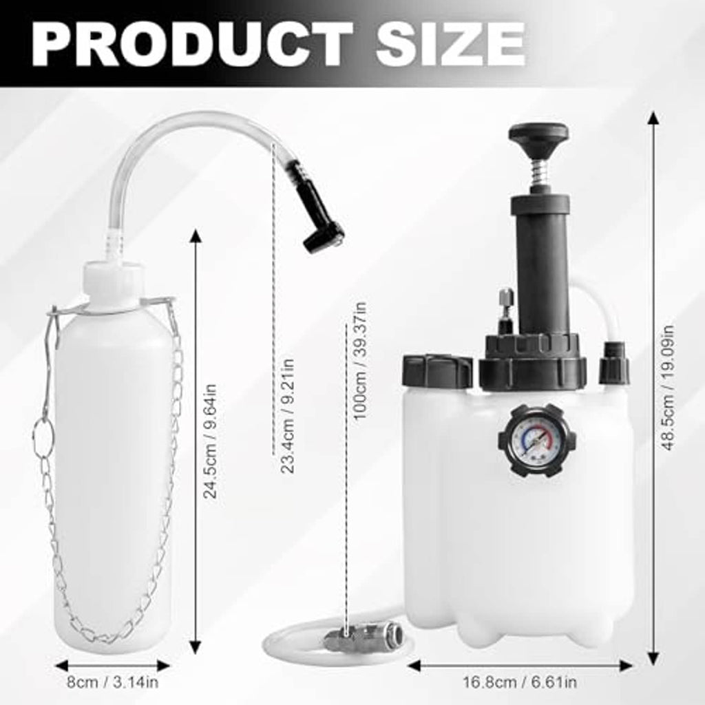 Brake bleeder pump kit with dimension diagram, hose loop, base, and pressure gauge