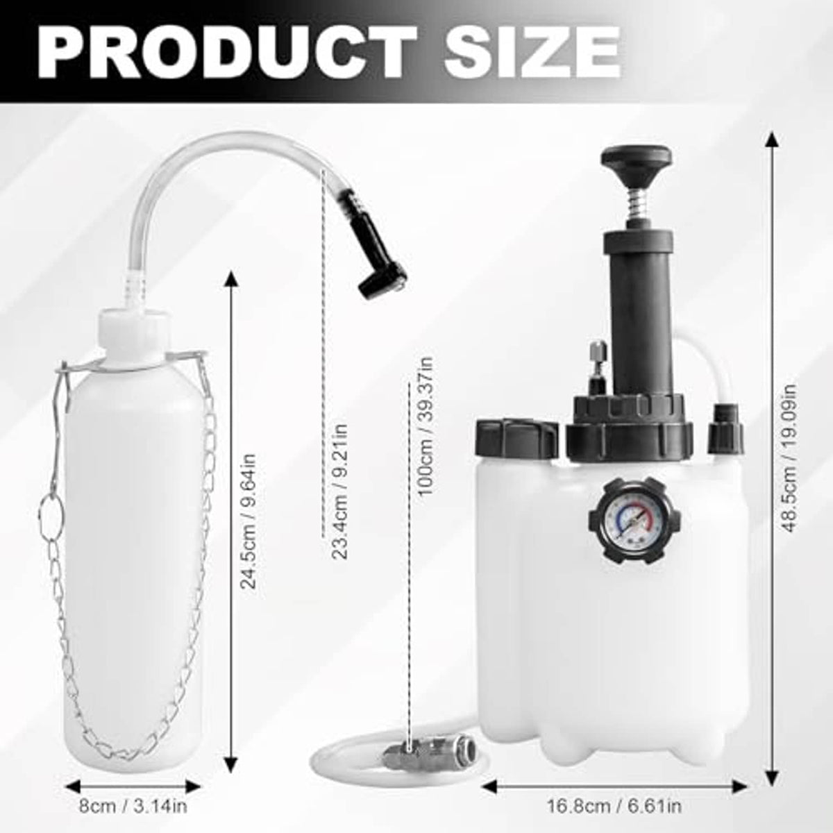 Brake bleeder pump kit with dimension diagram, hose loop, base, and pressure gauge