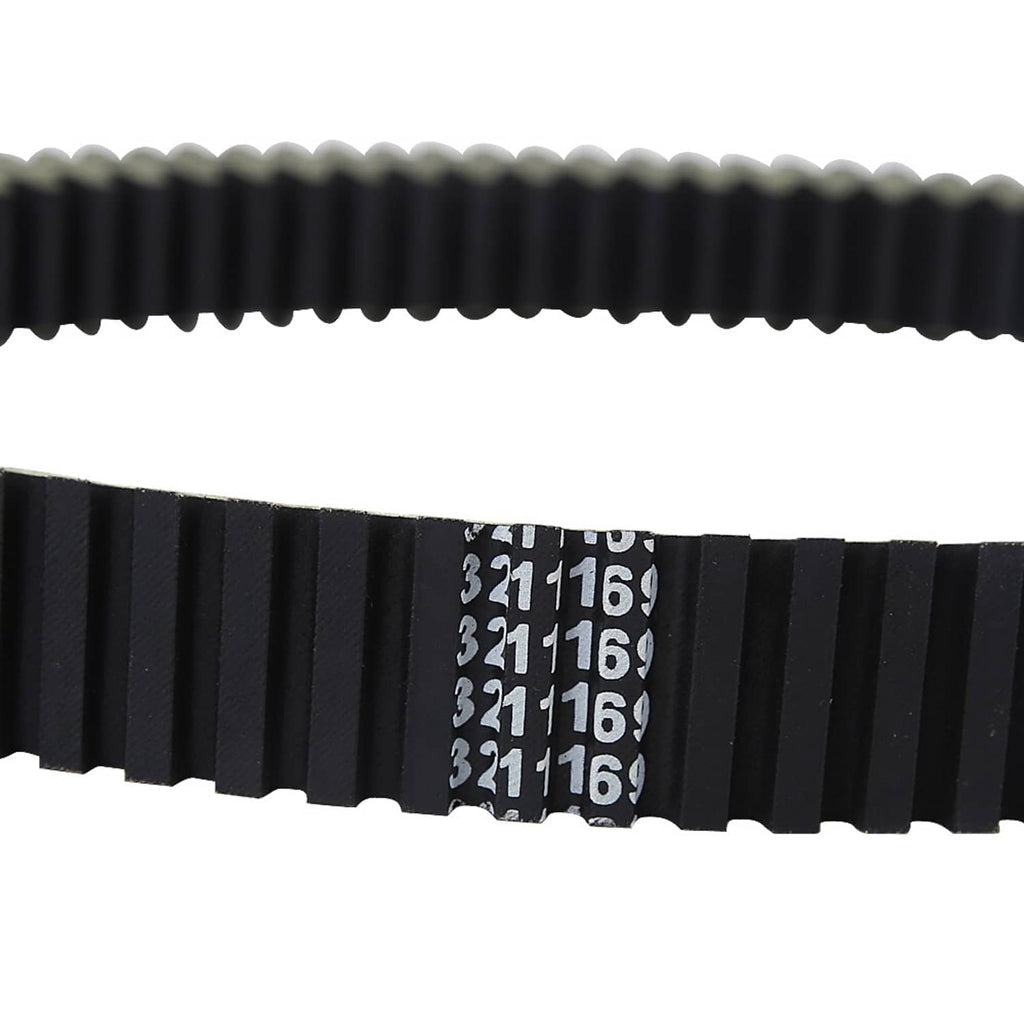 Clutch drive belt close-up with printed part numbers on black ribbed rubber
